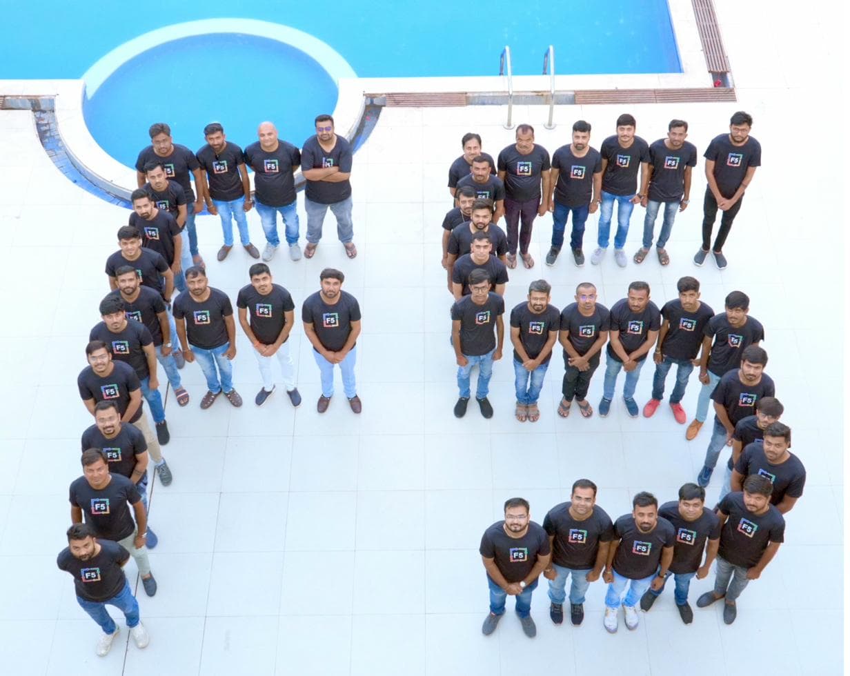 F5 team members across India offices, photographed from above.